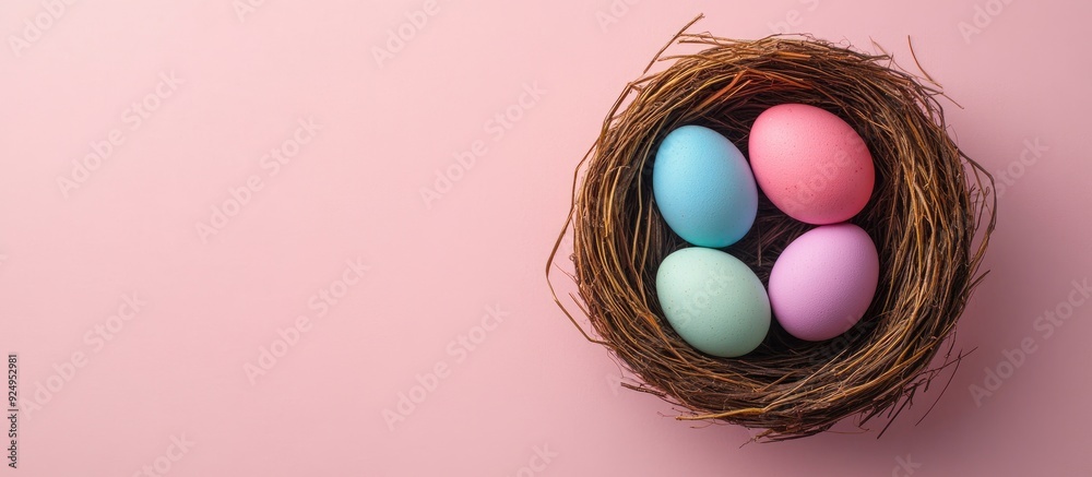 Poster Easter eggs in a nest on a pastel background seen from above Top view Copy space