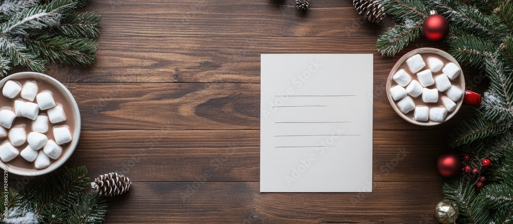 Poster handwritten mockup postcard for a to do list and hot chocolate with marshmallows on a wooden backgro