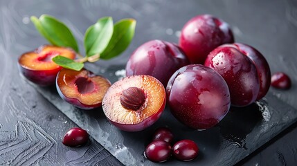 Dark purple plums with juicy flesh, some halved to reveal the inside, arranged with green leaves on a dark slate board, ideal for showcasing fresh and organic fruit in culinary photography