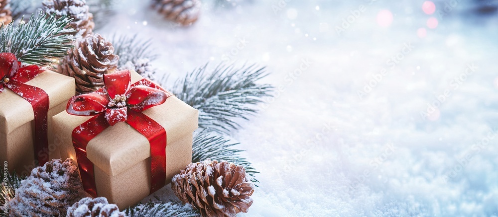 Aufkleber christmas gifts and snow covered cones with blank space for text. with copy space image. place for a