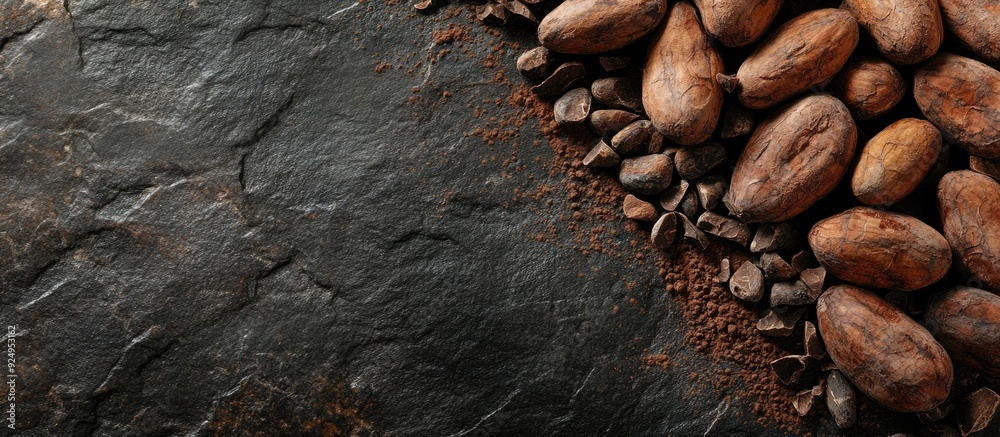 Poster Raw cocoa beans on a dark stone table Fresh cocoa powder and chocolate made from cocoa beans Banner or panorama concept. with copy space image. Place for adding text or design