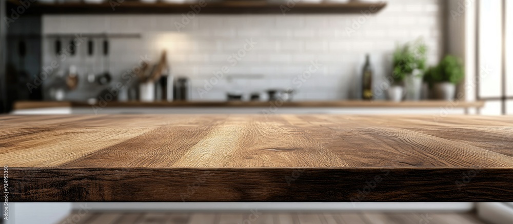 Aufkleber Wood table top set against a blurred kitchen room background Suitable for product montage display or design key visual layout. with copy space image. Place for adding text or design
