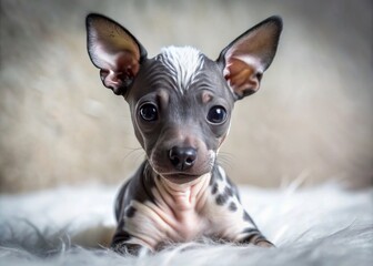 Adorable one-week-old Mexican Hairless Dog puppy with a rare genetic trait, showcasing its unique coatless skin, in a striking black and white portrait.