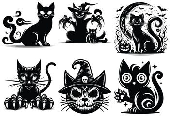 Black cat illustrations in Halloween style with spooky elements, perfect for festive banners
