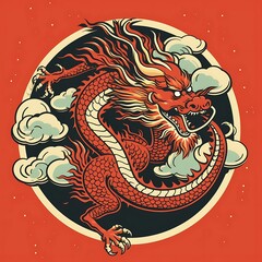 Vibrant red dragon coiling among clouds in a traditional Asian design