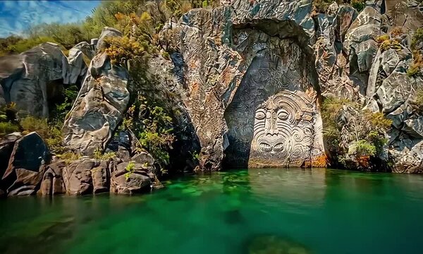 Ancient maori stone carvings of faces are set against a vibrant green lake and rocky terrain under a clear blue sky.