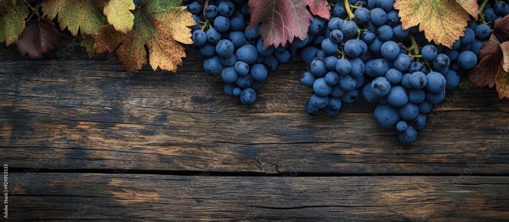 Poster Close up of blue grapes and vibrant grape leaves on a weathered wooden surface Background features copyspace