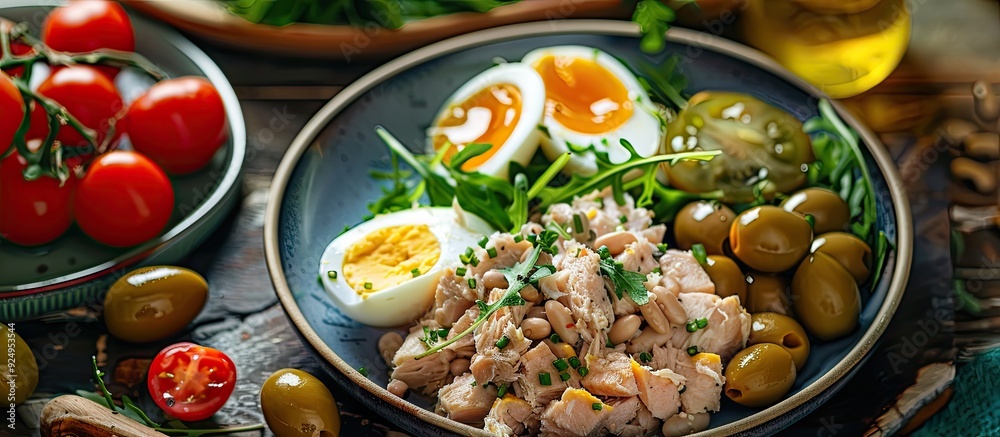 Poster tuna salad featuring white beans tomatoes boiled eggs and black olives on plates against a light sla