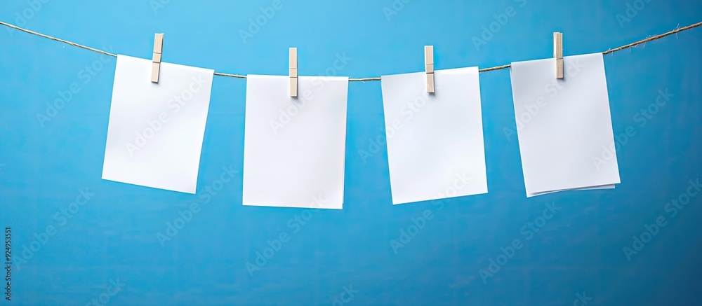 Fototapete empty sheets of paper hanging on a clothesline against a blue background. with copy space image. pla