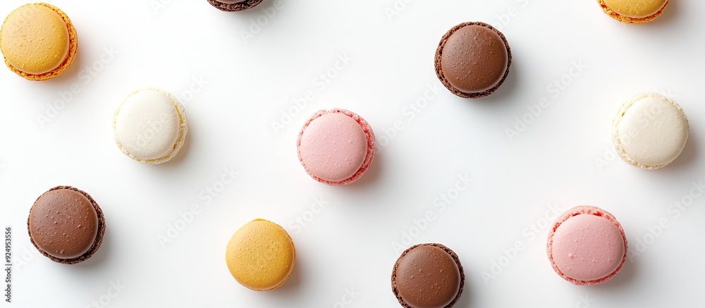 Poster Flat lay of macaroons on a white background with room for text. with copy space image. Place for adding text or design