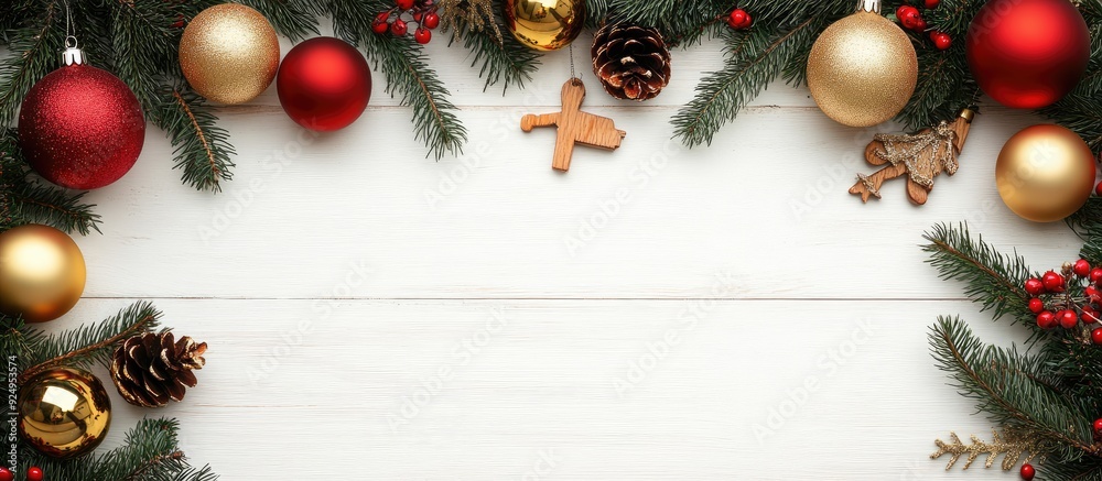 Poster christmas arrangement featuring fir branches golden and red balloons and wooden toys on a white wood