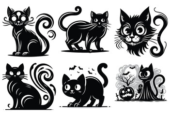 Spooky black cat illustrations in cartoon style on white background, perfect for Halloween