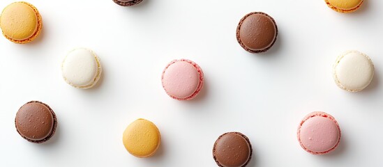 Fototapeta premium Flat lay of macaroons on a white background with room for text. with copy space image. Place for adding text or design