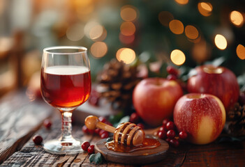 Still life with apples. Rosh Hashanah table bright display apples, honey, pomegranates and shofar