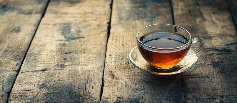Poster glass cup of tea on aged wooden surface. with copy space image. place for adding text or design