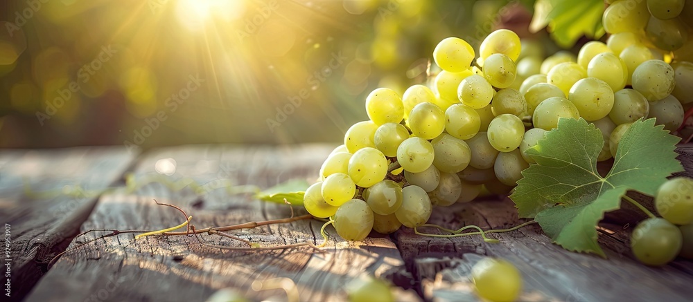 Poster White grapes spilled on a wooden table. with copy space image. Place for adding text or design