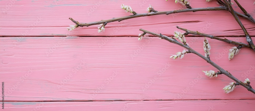 Aufkleber a willow branch on a pink wooden surface. with copy space image. Place for adding text or design