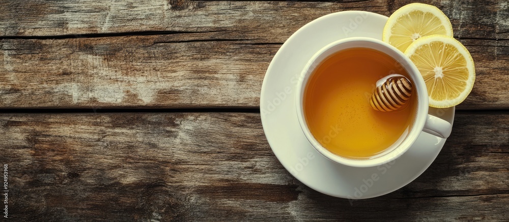 Aufkleber a cup of ginger tea with lemon and honey on a wooden surface top view with copyspace