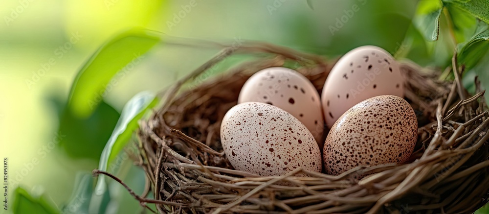Aufkleber Chicken eggs combined with chocolate eggs in a nest viewed up close. with copy space image. Place for adding text or design