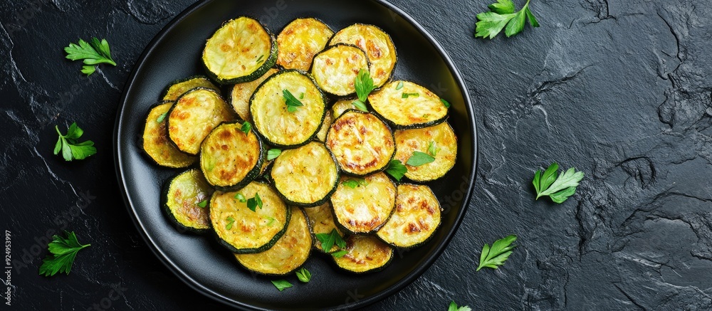 Poster fried zucchini on a plate against a black stone backdrop top view flat lay. with copy space image. p