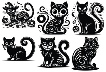Black mischievous Halloween cats vector illustrations, monochrome, spooky decor
