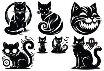 Black cat illustrations in various styles, perfect for Halloween decorations and designs