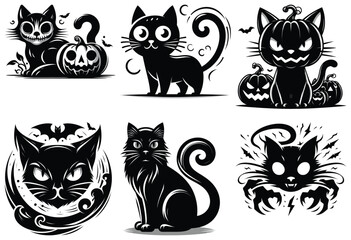 Halloween black cat illustrations in black and white style with pumpkins, Halloween decorations