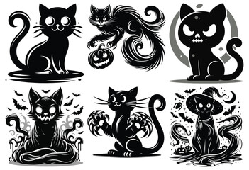 Halloween black cats illustration set, spooky and whimsical, perfect for Halloween decor