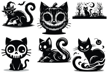 Creepy black cats with Halloween theme, black and white vector art, spooky decor elements