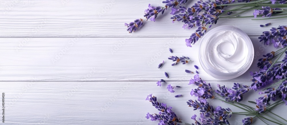Aufkleber cosmetic cream and lavender on a white wooden table background. with copy space image. Place for adding text or design