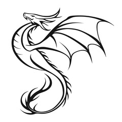 Outline dragon icon. Black and white tribal dragon. Abstract tattoo sketch
