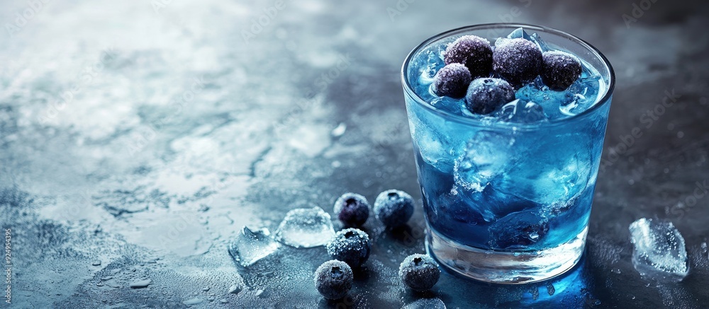 Poster blue jack frost cocktail in a glass toned selective focus. with copy space image. place for adding t