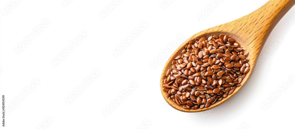 Poster Brown flax seeds Linseed in a wooden spoon close up isolated on a white background. with copy space image. Place for adding text or design