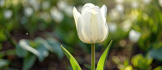Obraz premium Close up of a white tulip set against a green background. with copy space image. Place for adding text or design