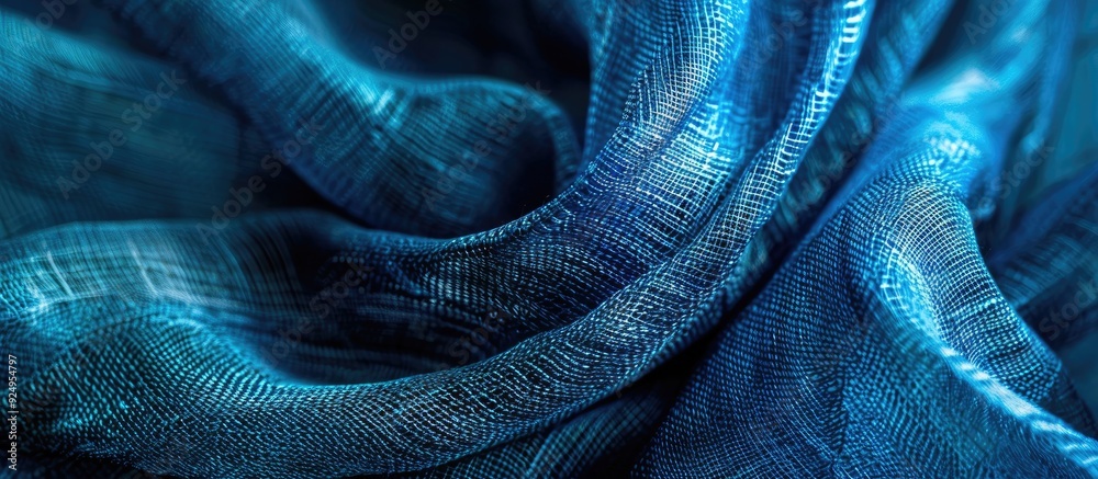 Poster Close up of an abstract fabric texture serving as a background for text or interior design Blue synthetic fabric texture. with copy space image. Place for adding text or design