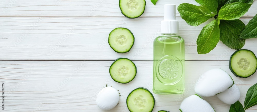 Aufkleber homemade refreshing cucumber facial toner in a bottle accompanied by slices of green cucumber and co