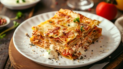 A beautifully plated portion of traditional Italian lasagna garnished with fresh herbs, presented on a pristine white plate, showcasing culinary excellence and mouth-watering appeal.