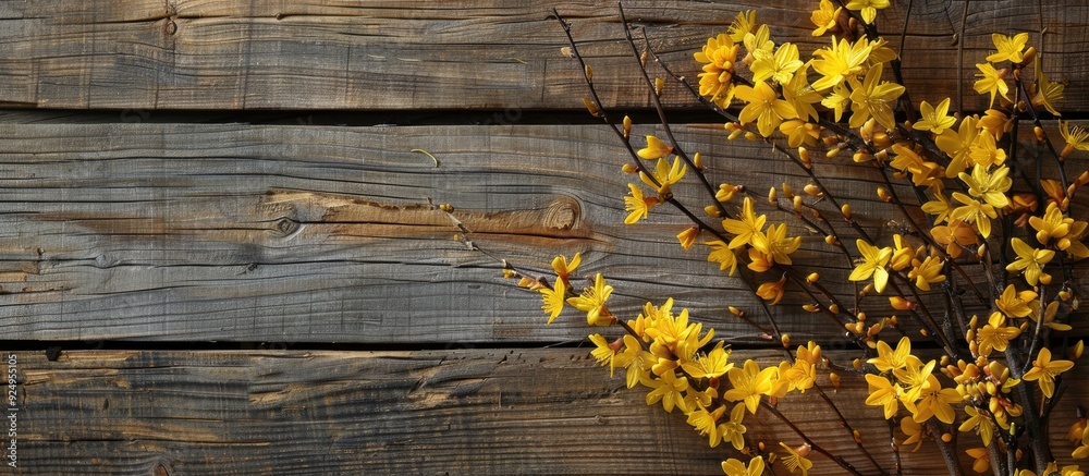 Poster Yellow forsythia against a rustic wooden background. with copy space image. Place for adding text or design