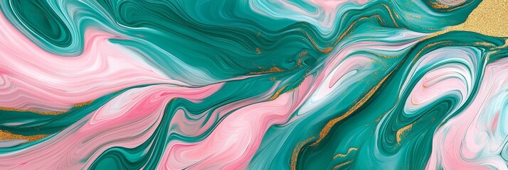 Obraz premium Abstract Green, Pink, and Gold Swirls for Website and Design - A beautiful abstract design with vibrant swirls of green, pink, and gold. The colors and patterns evoke a sense of movement, energy, and 