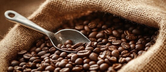 Close up image of coffee beans with a scoop in a burlap bag. with copy space image. Place for adding text or design