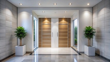 Fototapeta premium Sleek modern interior featuring a bright white wooden double front entrance door with horizontal panels and stainless steel door handles in a minimalist foyer.