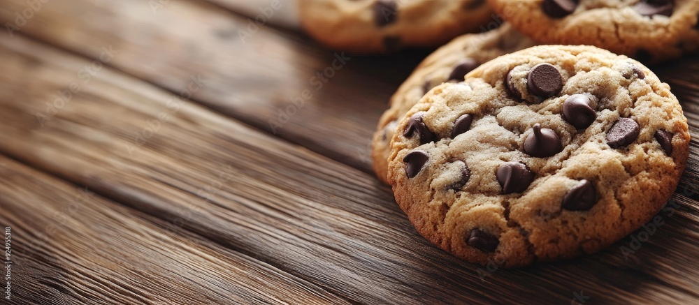 Aufkleber Chocolate chip cookies on a wooden table close up. with copy space image. Place for adding text or design