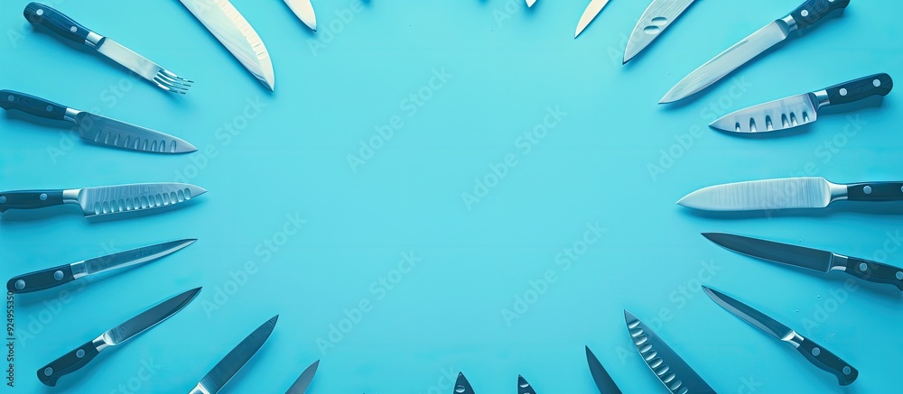 Aufkleber empty copy space circle surrounded by knives on a blue background