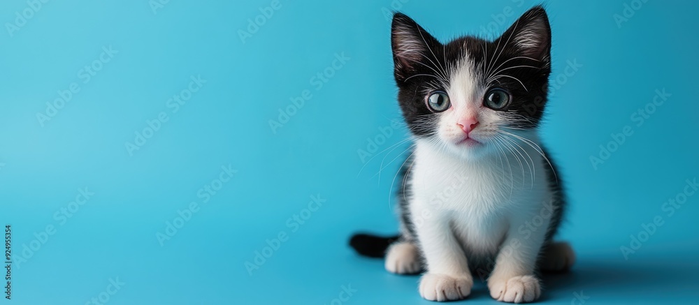 Poster black and white kitten set against a blue background. with copy space image. place for adding text o