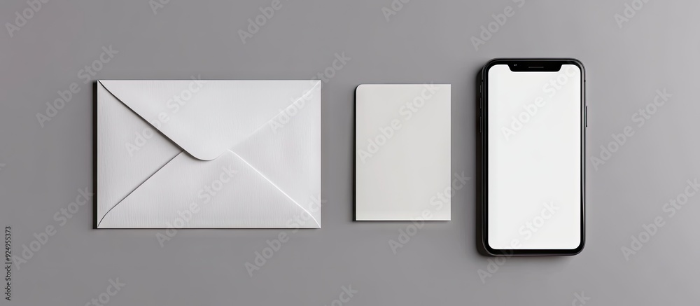 Fototapete Top view of a white envelope a blank card and a smartphone with a blank screen all set against a grey background. with copy space image. Place for adding text or design
