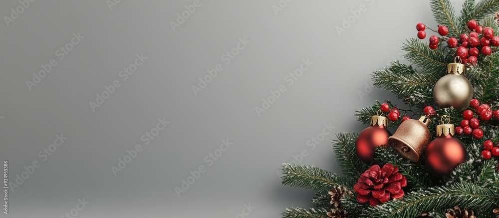 Poster Christmas arrangement Christmas tree bells set against a gray background. with copy space image. Place for adding text or design
