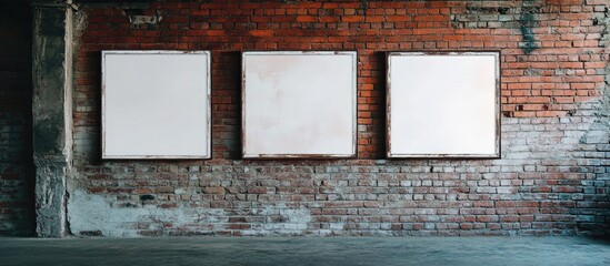 Three empty square frames against a background of a weathered brick wall. with copy space image. Place for adding text or design