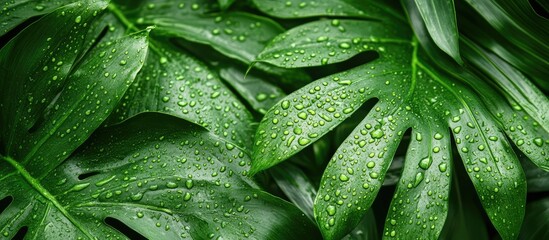Fototapeta premium Natural green plant landscape serving as a background or wallpaper with copyspace for text Tropical leaves texture Close up of tropical palm leaves and jungle foliage Flat lay of green leaves with wa