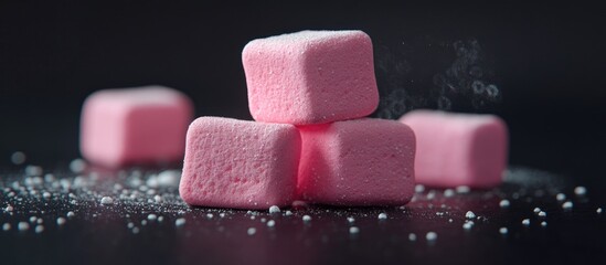 Pink marshmallows a sweet and delicate treat set against a dark background. with copy space image. Place for adding text or design