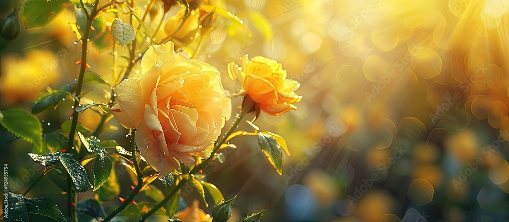Poster Yellow Rose flowers in a summer garden Yellow Roses captured with a shallow depth of field. with copy space image. Place for adding text or design